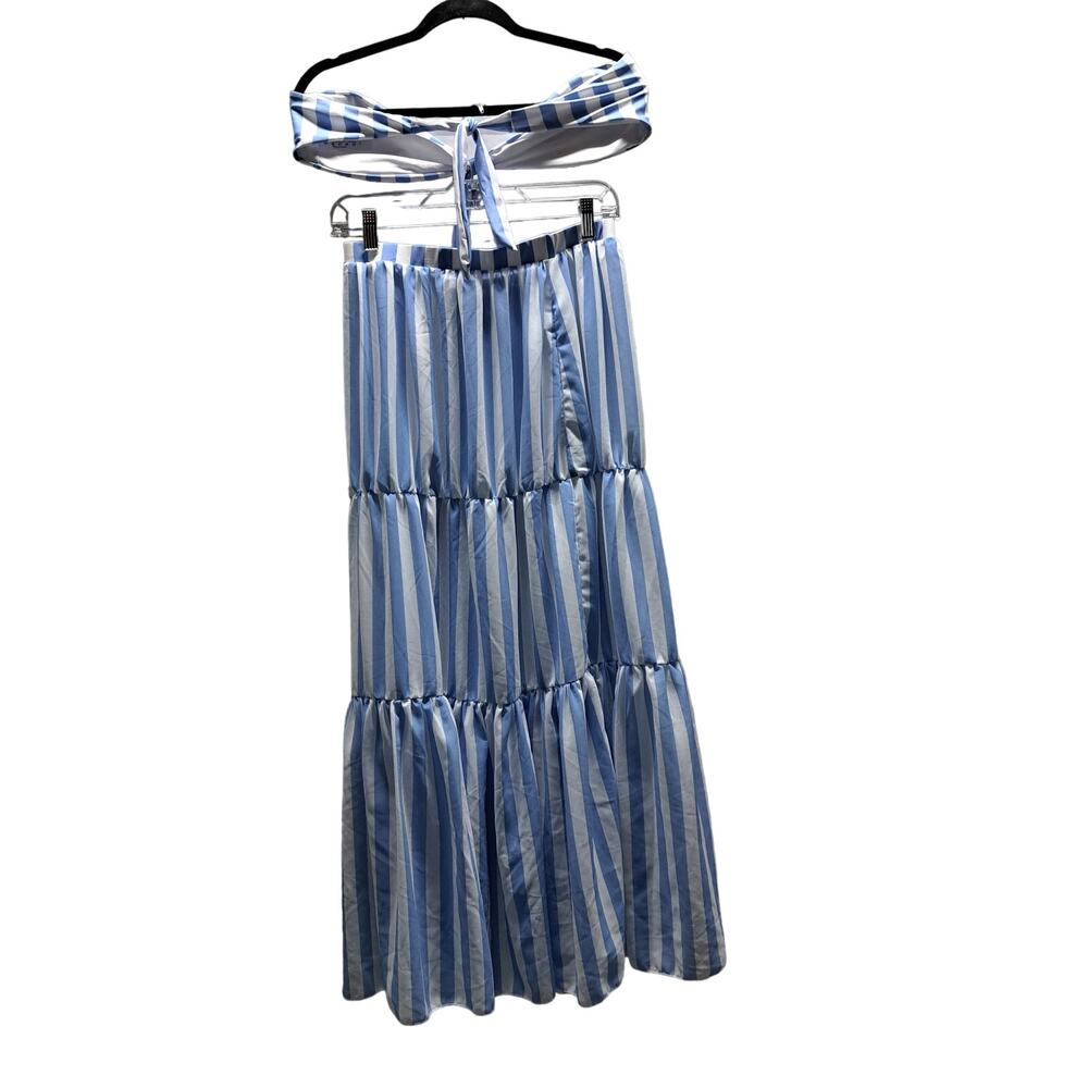 Summer Beachy 2 piece Blue White Stripe Bandau top sheer tiered skirt Lg - Picture 2 of 6